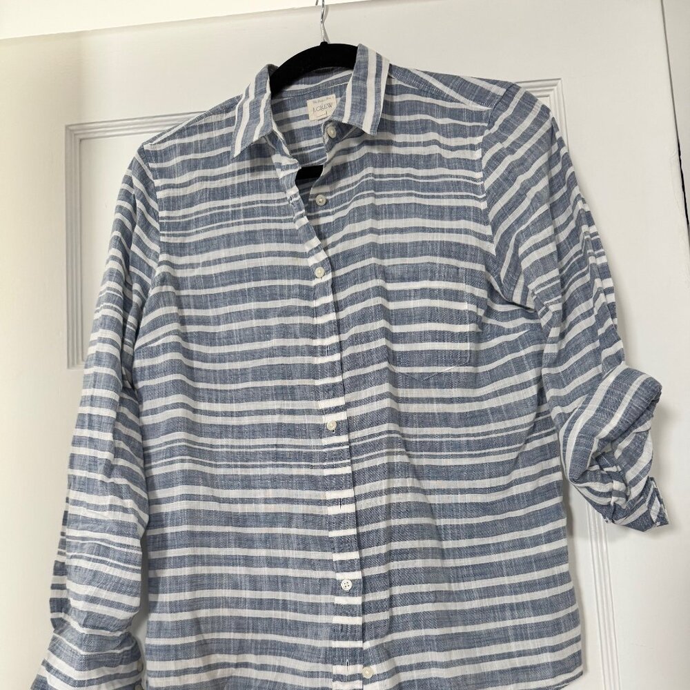 J Crew Blue and White Striped Button Down Women's S